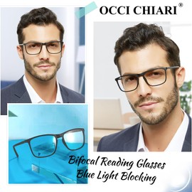 OCCI CHIARI Wide Bifocal Reading Glasses for Men 1.5X Transition Blue Blocker Readers(1.0 1.5 2.0 2.5 3.0 3.5)