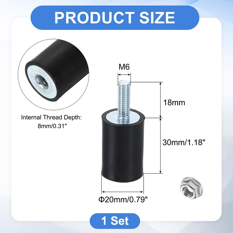 uxcell M6 Rubber Mounts, 1Pcs 20x30mm(DxH) Rubber Cylindrical Anti Vibration