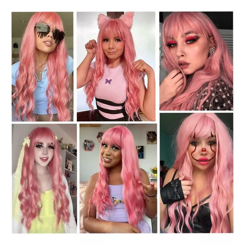 generic - Peluca Larga Rosa Ondulada Para Mujeres Lace Front