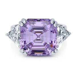 BERRICLE Rhodium Plated Sterling Silver Asscher Cut Purple Cubic Zirconia CZ 3-Stone Ring Size 8