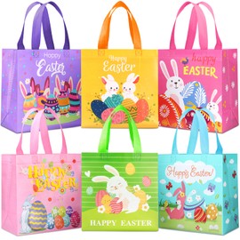 6 Pcs Easter Egg Hunt Bags Bunny Carrot Chick Treat Bag with Handles, Reusable Non-Woven Easter's Bag for Gifts Wrapping Party Supplies, Easter Basket Container 9.0×8.6×4.3inch (Color03 6-Packs)
