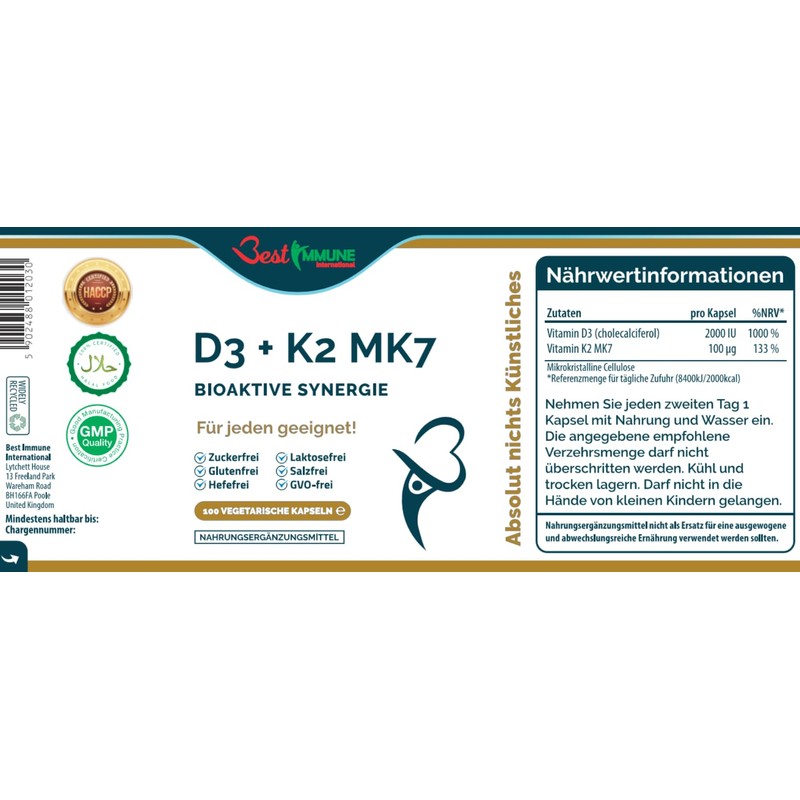 Vitamin D3 2000IU K2 MK7 100mcg Natural Premium Quality 100