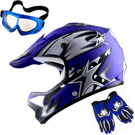 1Storm Youth Motocross Helmet BMX MX ATV Dirt Bike Helmet Matt Star Blue + Goggles + MG Youth Blue Glove Bundle