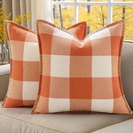 decorUhome Spring Buffalo Plaid Check Throw Pillow Covers 22x22 Set of 2 Outdoor Linen Decorative Farmhouse Gingham Euro Sham Pillow Covers with Stitched Edge for Bed Couch Sofa, Orange and White