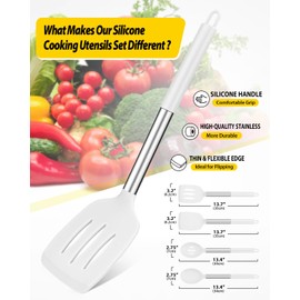 Pack of 4 Silicone Cooking Utensils Set, Non Stick Large Solid Spatulas, Heat Resistant Slotted Spoons, Ideal BPA Free Kitchen Turners for Frying, Mixing,Serving,Draining,Turning,Stirring (WHITE)
