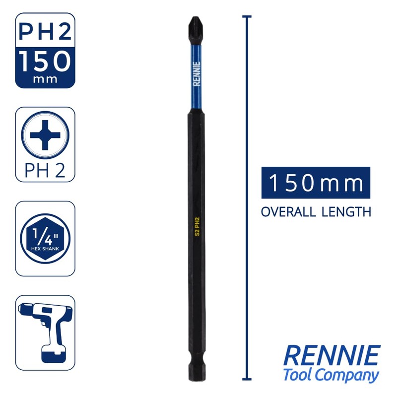 10 x Rennie Tools 150mm Long PH2 Impact Screwdriver Driver