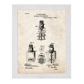 Automatic Fire Sprinkler Patent Art Old Look Print in a Distressed White Wood Frame (8" x 10") M14066