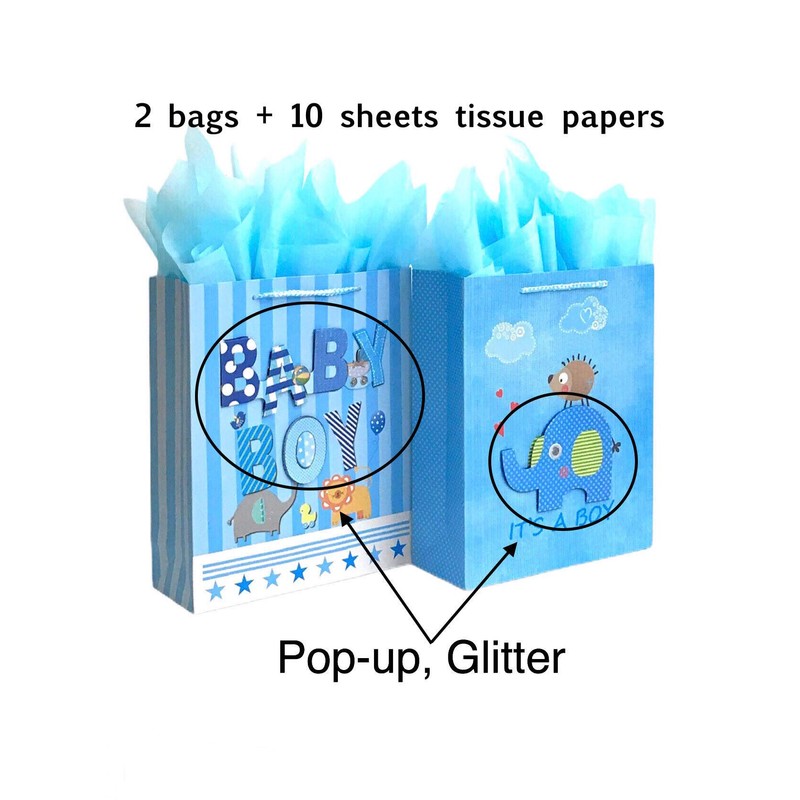 12.5" Medium Baby Gift Bags with Tissue Papers for Baby