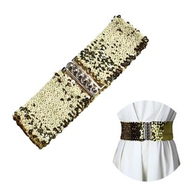 SamHeng Women Wide Sequin Belt Glitter Elastic Stretchy Waistband Cinch Belt Metal Buckle for 80s Costume Party Disco Party, Gold