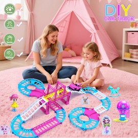 QZPQZP Race Tracks Toys for 3 4 5 6 Year Old Girls Kids, Princess Track Car Mode Game W/1 Electric Truck Car, Birthday Gift Toddler Cars Toy for 2-5 Year Old Girl Boy(Pink)