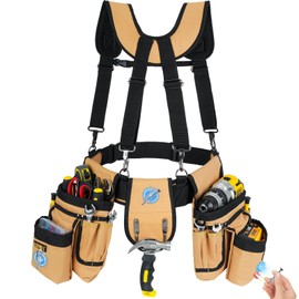 Tool Belt with Suspenders,27-Pockets Heavy Duty Tool Belts for Men with Magnetic Tool Pouch,Detachable & Adjustable Work Belt Bag for Electrician,Carpenter,Construction,Utility Toolbelt,Black,Brown