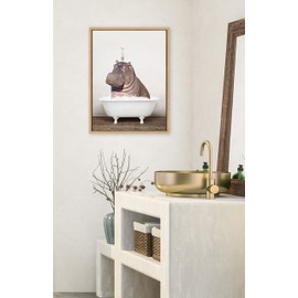 Kate and Laurel Sylvie Hippo and Bird in Rustic Bath Framed Canvas Wall Art by Amy Peterson Art Studio; 18x24 Natural; Modern Fun Decorative Bathtub Wall Art for Home Décor