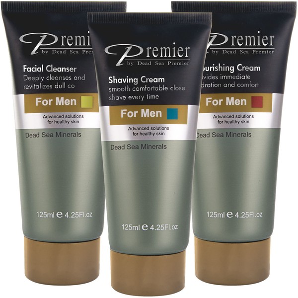Premier Dead Sea Nourishing Cream for Men, Shaving Cream for Men, Essential Facial Cleanser for Men care kit. Gentle, Anti-Wrinkle, firming, Sensitive Skin, Daily Use for younger looking skin 3 X 4.2f