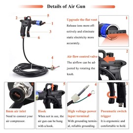 Ionizing Air Gun Antistatic Air Gun Flat Nozzle Anti Static Ionizer Static Eliminator for Flat Surface Static Elimination (with 7KV Generator)