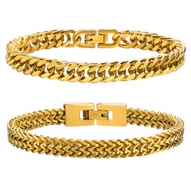 Men's Bracelet Stainless Steel Bracelets Curb Chain – 2 Pieces Silver Black Gold Men's Bracelets for Men Boys Cuban Bracelet 8 mm Width 19 cm / 21 cm Length Gifts for Dad Son Brother Husband,