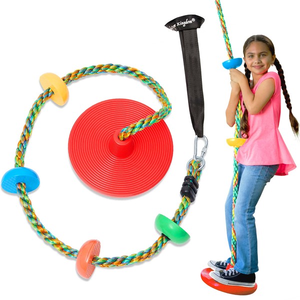 Tree Swing for Kids - Single Disc Seat and Rainbow Climbing Rope Set w/Carabiner and 4 Foot Strap - Treehouse and Outdoor Playground Accessories - Red