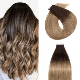 Silk-co Tape Extensions Echthaar 20stk, 40g 4T27# Schokoladenbraun zu Dunkelblond 30cm