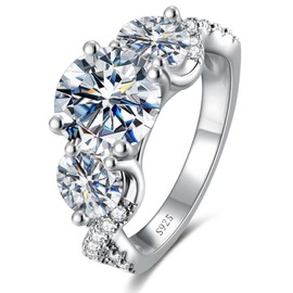 LOIPURI 4.6CT 3 Stone Moissanite Engagement Ring, D Color VVS1 Round Cut 925 Sterling Silver Anniversary Wedding Promise Ring for Women, Size 6