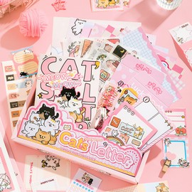 Auguro Cat Theme Cute Scrapbook Kit A6 Grid Notebook Kawaii Stationery Set Junk Journal Kit Scrapbooking Supplies Craft DIY Gift for Adult Teen Girl DIY Journal kit for Girls
