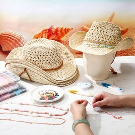 Hercicy 6 Set Coastal Cowgirl Hat Craft DIY with Beaded Making Kit Make Your Own Beach Straw Hat for Women Bachelorette Party(Beige)