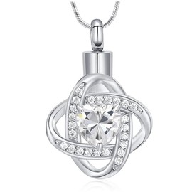 Love Knot Birthstone Urn Necklaces for Ashes Cremation Jewelry Urns Pendant for Human Ashes Memorial Keepsake Jewelry for Loved One (Silver-white)