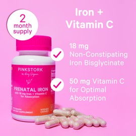 Pink Stork Prenatal Iron Supplement for Women - 18 mg Non-Constipating Iron & Vitamin C for Pregnancy, Postpartum, & Breastfeeding - Focus, Fatigue, & Blood Cell Production - 4 Month Supply