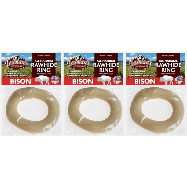 Tasman's Natural Pet All-Natural Buffalo (Bison) Collagen-Based Chews - 3 Medium Rings. Traditional Rawhide Alternative