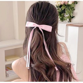 Inateannal Hair Bands for Women Long Tail Ribbon Hair Bows Clip Pink Satin Bow Barrettes Ribbon Tassel Hair Accessories Silky French Hair Bowknot Barrettes Headpiece