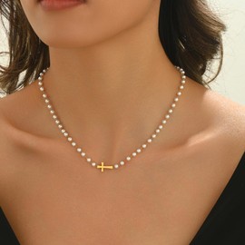 Nawflue Pearl Necklaces for Women 18K Gold Plated Dainty Cross Necklace Gold Flower Daisy Pearls Beaded Choker Necklace Trendy Stainless Steel Bridesmaid Wedding Jewelry