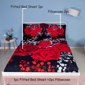 EsyDream 3D Red Rose Fitted Bed Sheet 3 Pieces Red Rose Floral Bed Sheet King Size Include 1 Fitted Sheet 2 Pillow sham Red Rose Flowers Girls Bedding Sheet for Romantic Flowers Room Décor Full