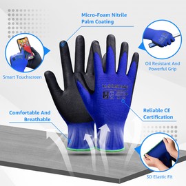 MANUSAGE Safety Work Gloves Microfoam Nitrile Coated, Firm Grip Gloves With Touchscreen Fingers, Machine Washable, Ideal For Garden, Automotive, Xlarge, 6 Pairs, Blue