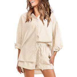 EXLURA Women's Summer 2 Piece Sets Long Sleeve Button Down Shirts Matching Short Sets Beach Vacation Cruise Outfits 2025