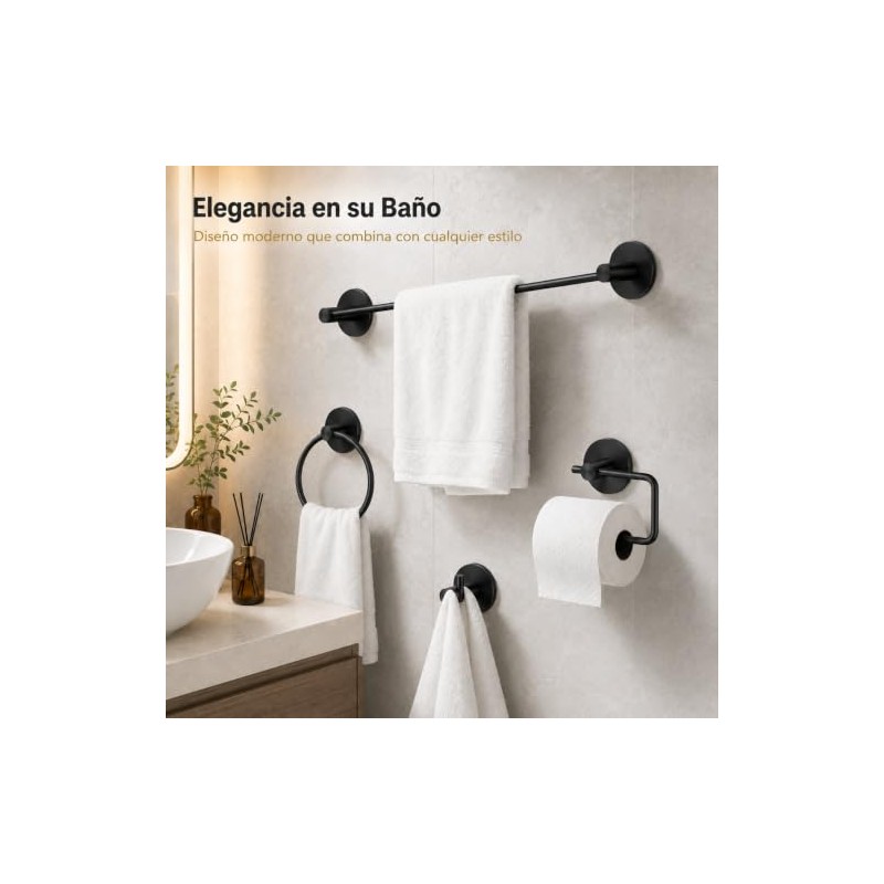 Juego 4 Piezas Accesorios de Baño Sin Taladrar, SUS304, Negro