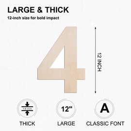 MGTECH 12 Inch Large Wooden Number 4, 1/4 in Thick Big Wood Number for Crafts and Wall Decor