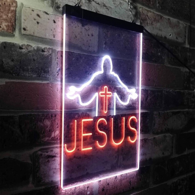 Jesus Saves Crosses Church Dual Color LED Neon Sign White