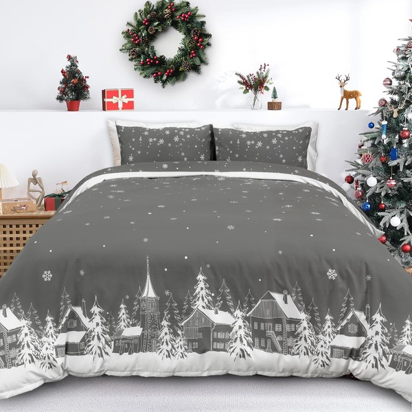 Christmas Duvet Cover Set King, 3 Pieces Gray Village Snowflake