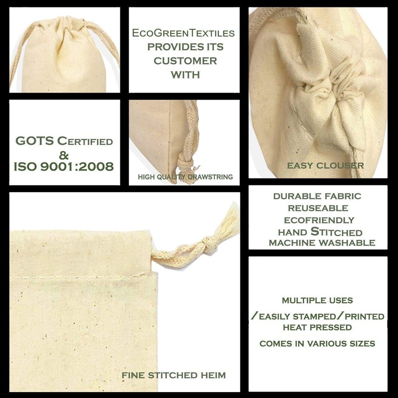 5x7 inches Natural Cotton Double Drawstring Reusable Produce Muslin Bags