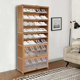 JAYGOVAN Shoe Storage Cabinet for Entryway, 10 Tier Bamboo Shoe Cabinet Large Capacity Shoe Organizer with Flip Doors, Free Standing Shoe Racks Organizer for Hallway Office Living Room (Brown)