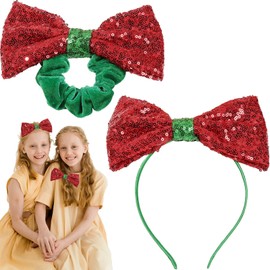 2Pcs Christmas Sequin Headband Hair Scrunch, Glitter Red Bow Headband Green Christmas Hair Scrunch Hairband Christmas Hair Accessory for Women Girls