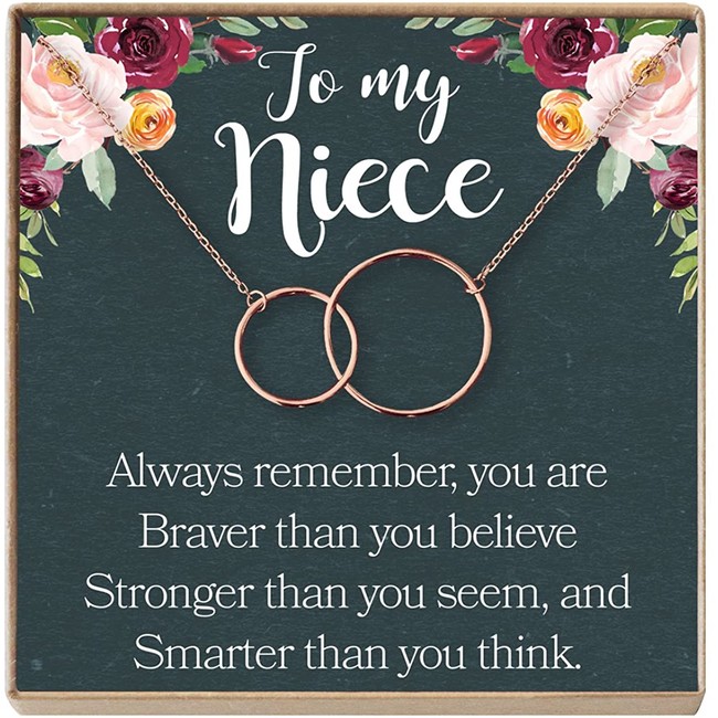 Dear Ava Niece Necklace: Niece Gift from Aunt, Niece Gift, Niece Charm, Niece Wedding Gift, Niece Confirmation, Niece Birthday, 2 Interlocking Circles (Rose-Gold-Plated-Brass, NA)