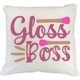 Gloss Boss, Lip Gloss Quote - Beauty Themed Merch for Makeup Artist or Cosmetologist, Gift for Makeup Lovers, Pillow Cover, White 18X18 in