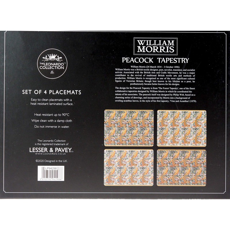 LEONARDO Set of 4 William Morris Peacock Tapestry Cork Backed