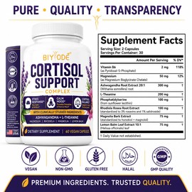 BIYODE Cortisol Support Complex Ashwagandha L Theanine Magnesium Rhodiola Lemon Balm Supplement for Stress Response Calm Mood Relaxation 60 Vegan Capsules
