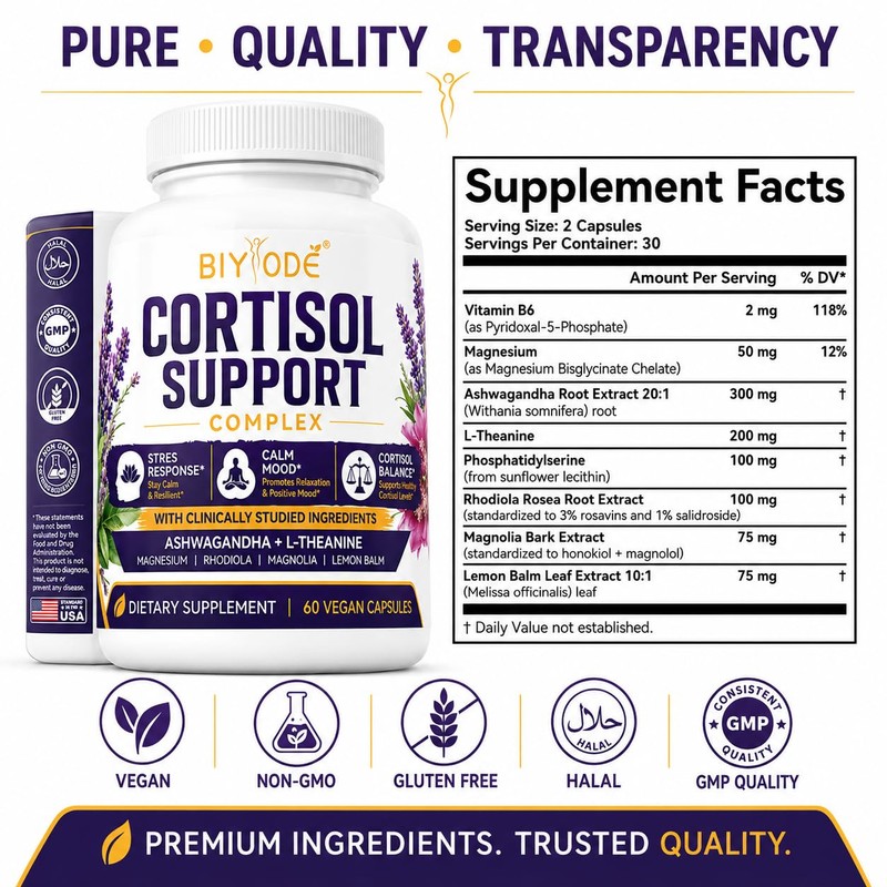 BIYODE Cortisol Support Complex Ashwagandha L Theanine Magnesium Rhodiola Lemon