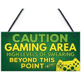 POWERMAZ Caution Gaming Area Novelty Gamer Wood Signs Gift for Son Brother Dad Man Cave Boys Room Bedroom Door Plaques Decor 12x6(BW1975)