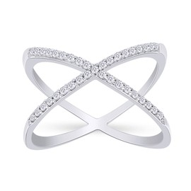AFFY Round Cut White Natural Diamond Criss Cross X Anniversary Ring In 14k White Gold Plated 925 Sterling Silver (Clarity : I2-I3, Color : I-J, 0.26 Carat Cttw) Size -6.5