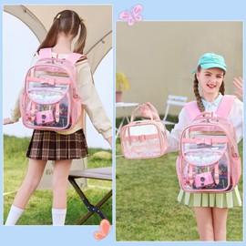 KIDNUO Clear Backpack for Girls and Boys 2PCS Heavy Duty Bookbag Stadium Approved Daypack Transparent School Bag See Through Backpacks for Kids Elementary,Students,College,Teens,Concert,Sports Pink