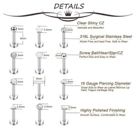 Masedy 24Pcs 16G 316L Stainless Steel Labret Monroe Lip Ring Studs CZ Cartilage Helix Tragus Piercing Studs 6MM