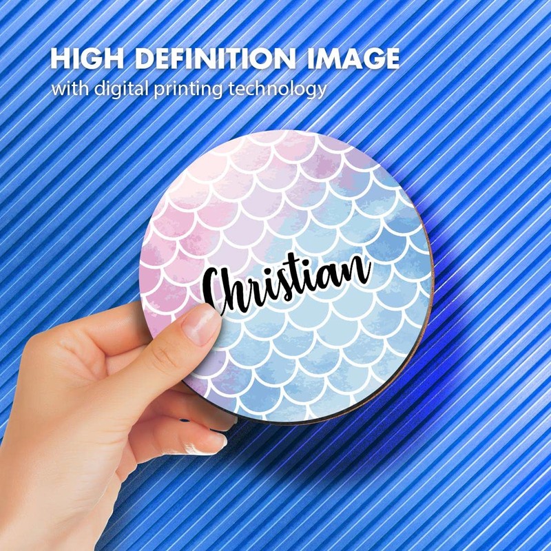 1 x Round Coaster - Name Christian Mermaid Scales Fish