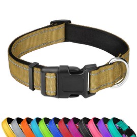 PWOD Reflective Dog Collar, Adjustable Soft Neoprene Padded Nylon Pet Collars with Buckle for Small Dogs, Khaki,S